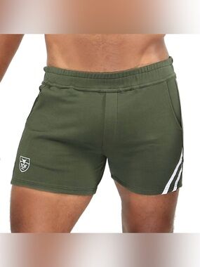 TOF Paris Men’s White Khaki Paris Athletic Shorts Faded Olive Green Size Small